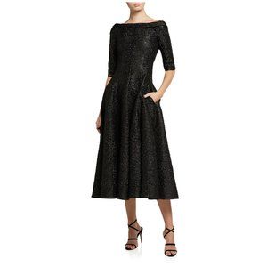 TALBOT RUNHOF Black Tomini Off-the-Shoulder Jacquard Tea Length Dress~12